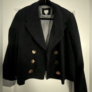 Navy blue pea coat style blazer with navy and white striped lining